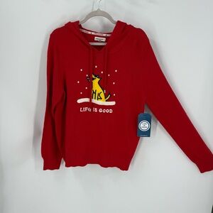 Life is Good novelty dog print hooded Red Sweater M NWT